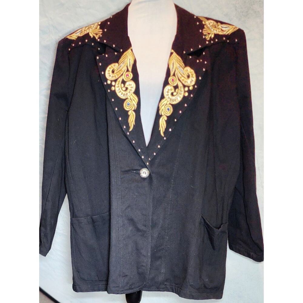 Vintage JenJen Darian 1980s Denim Blazer Jacket Gold Jewels Embroidery Studs 2X
